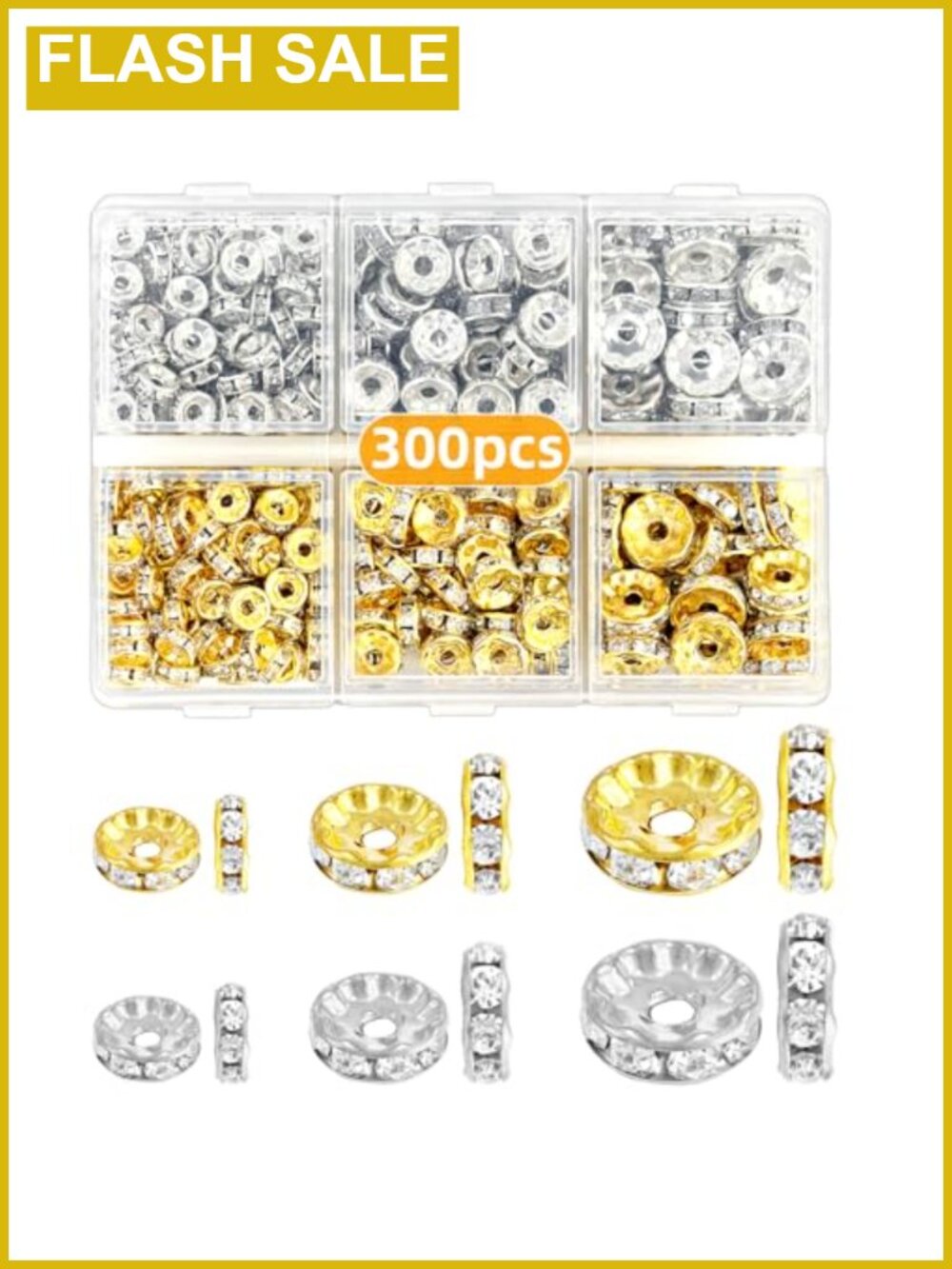 300 Pcs Rhinestone Spacer Beads, 6mm 8mm 10mm, Metal Crystal Beads for Jewelry